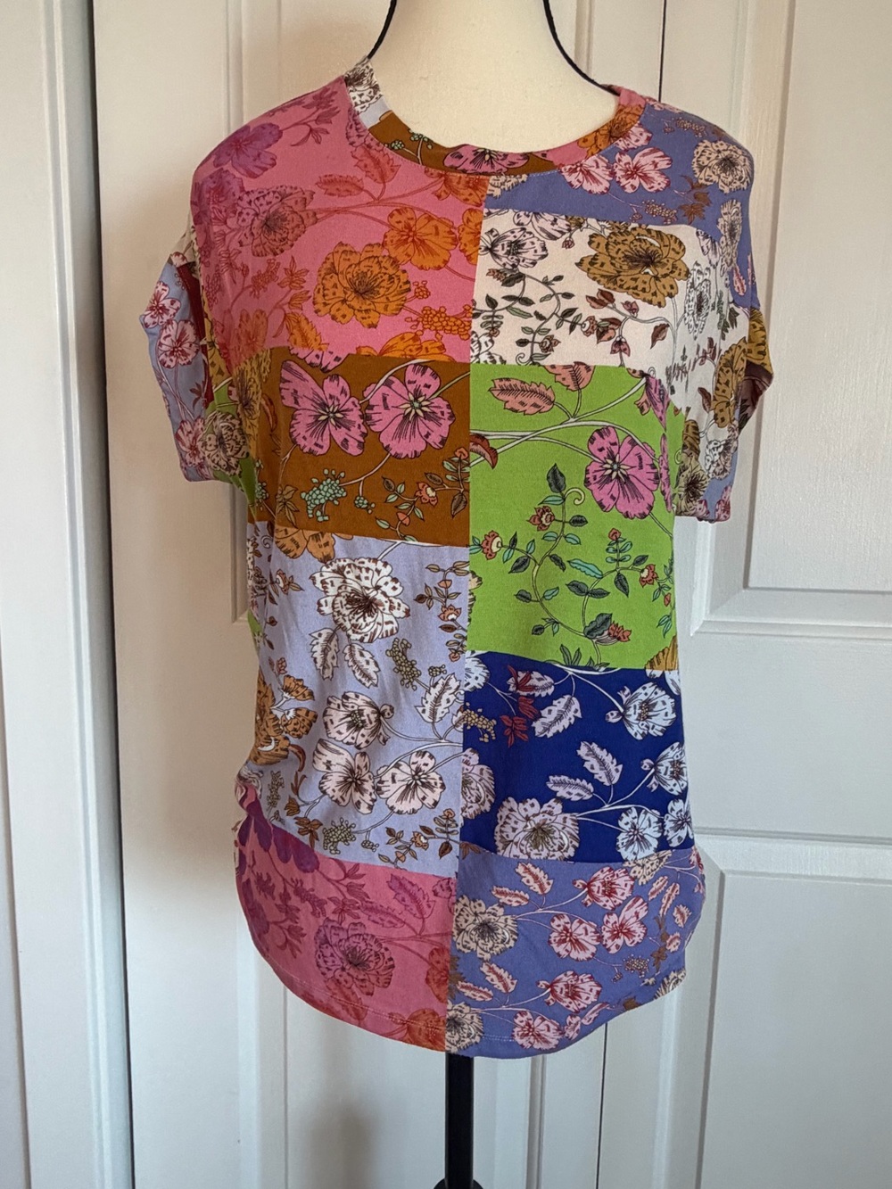 Johnny Was Patchwork Floral Short Sleeve Top - Green, Pink, Blue, Purple, Gold